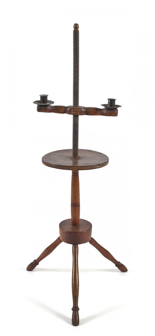 New England adjustable double-arm candlestand wit: New England adjustable double-arm candlestand with a screw pedestal, 42 1/2'' h.
