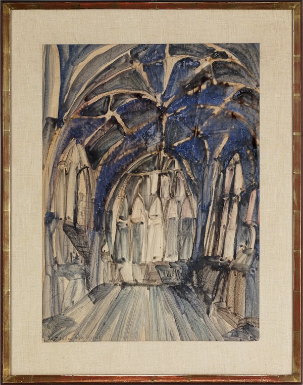 Robert Andrew Parker (American, b. 1927), waterco: Robert Andrew Parker (American, b. 1927), watercolor cathedral interior, signed lower left, 24 1/4'' x 17 1/2''. Provenance: Settlement Music School, Philadelphia, Pennsylvania.