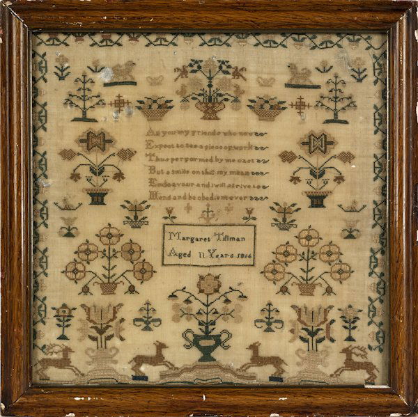 Two English needlework samplers, one dated 1816: Two English needlework samplers, one dated 1816, 12 1/2'' x 12 1/2'' and 13'' x 13''.