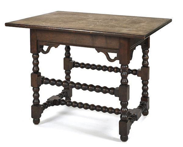 Wallace Nutting mixed woods tavern table, early 2: Wallace Nutting mixed woods tavern table, early 20th c., stamped Wallace Nutting, 27'' h., 35'' w.