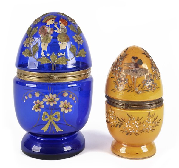 Two Victorian enameled glass egg form decanter se: Two Victorian enameled glass egg form decanter sets, one with a courting couple, 11 1/2'' h., the other with a ballerina, 8 1/2'' h.