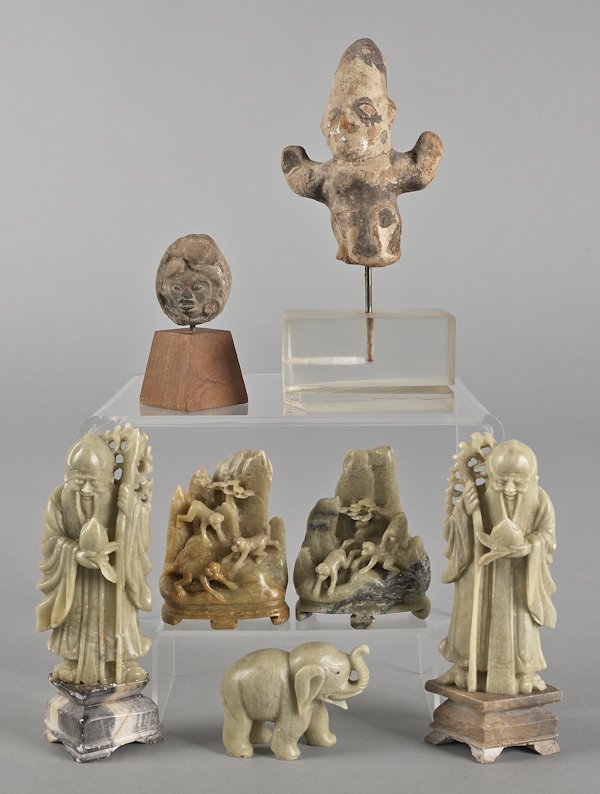 Five soapstone carvings, together with two pre-Co: Five soapstone carvings, together with two pre-Colombian busts, tallest - 6''. Provenance: Settlement Music School, Philadelphia, Pennsylvania.