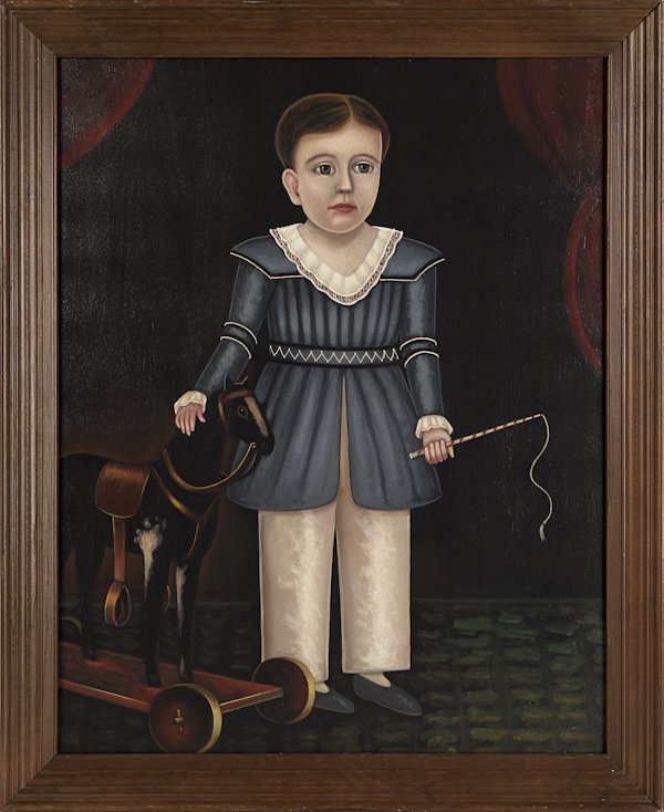 Two contemporary A. Glazier (East Berlin, Pennsyl: Two contemporary A. Glazier (East Berlin, Pennsylvania), oil on canvas folk art portraits of young boys, 28'' x 22''.