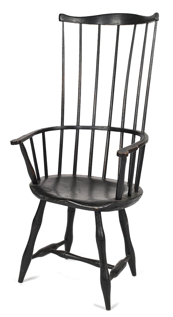 New England fanback Windsor armchair, ca. 1810, r: New England fanback Windsor armchair, ca. 1810, retaining an old black surface.