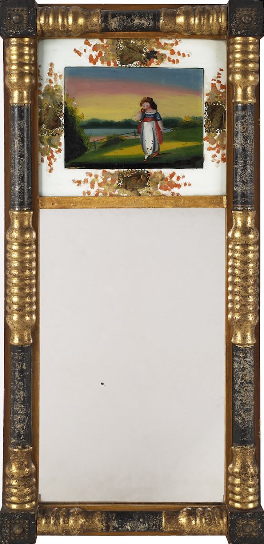 Sheraton gilt and ebonized mirror, ca. 1830, with: Sheraton gilt and ebonized mirror, ca. 1830, with an eglomise panel, 29 1/2'' x 13 3/4''.