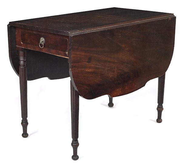 Pennsylvania Sheraton mahogany Pembroke table, ea: Pennsylvania Sheraton mahogany Pembroke table, early 19th c., 28'' h., 20 1/2'' w., 36'' d.