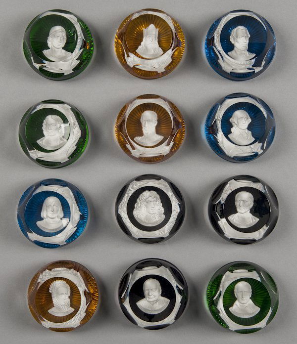 Set of twelve Baccarat sulphide paperweights from: Set of twelve Baccarat sulphide paperweights from the Franklin Mint Great Leaders of History set, 3'' dia.