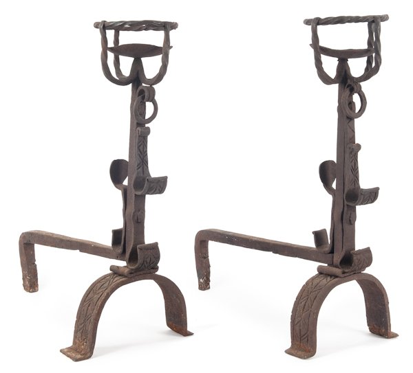 Continental wrought iron andirons, 18th c., 26" h.: Pair of Continental wrought iron andirons, 18th c., 26" h.