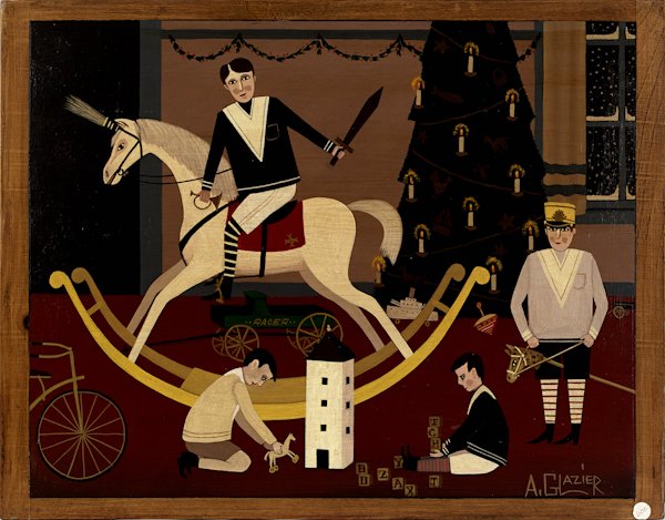 Two A. Glazier (East Berlin, Pennsylvania), oil o: Two A. Glazier (East Berlin, Pennsylvania), oil on board paintings, one of a Christmas scene, 22'' x 28'', the other of a village, 19 1/2'' x 27 1/2''.