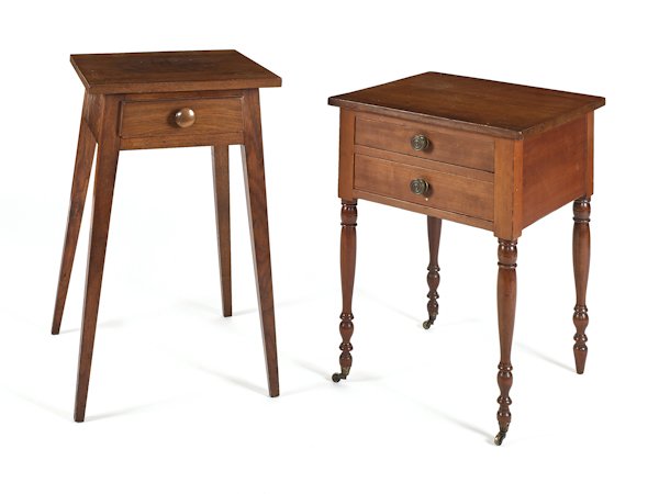 Pennsylvania walnut one-drawer splay leg stand, e: Pennsylvania walnut one-drawer splay leg stand, early 19th c., 28'' h., 16'' w., together with a cherry two-drawer stand, 26'' h., 18'' w.