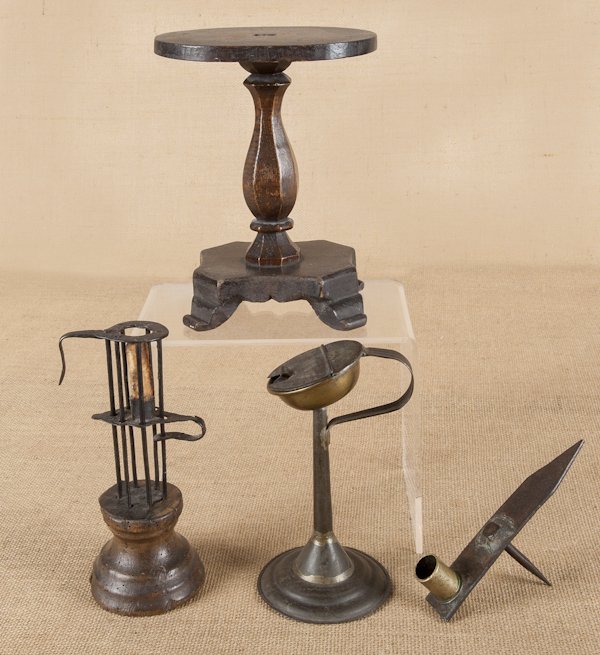 Iron and wood candle holder, together with a bras: Iron and wood candle holder, together with a brass and tin fat lamp and a pine lamp stand, tallest - 9''.