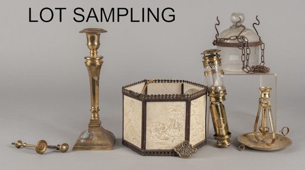 Group of lighting, to include a lithophane hangin: Group of lighting, to include a lithophane hanging lamp, a brass candlestick, etc.