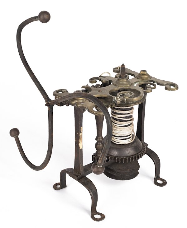 Brass and iron spit jack, 18th c.: Brass and iron spit jack, 18th c., together with a spit cage and spit rests, 20" h.