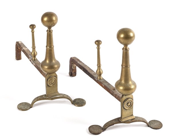 Pair of Queen Anne brass andirons, 18th c., possi: Pair of Queen Anne brass andirons, 18th c., possibly Rhode Island, 13'' h.