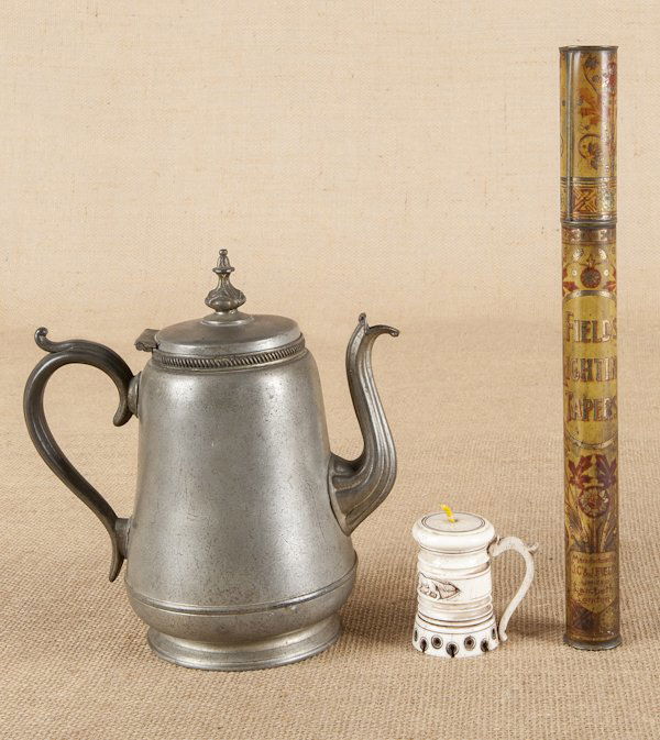 Pewter coffee pot, signed P. Dunham, together w: Pewter coffee pot, signed P. Dunham, together with a tin taper holder and a bone wick holder.