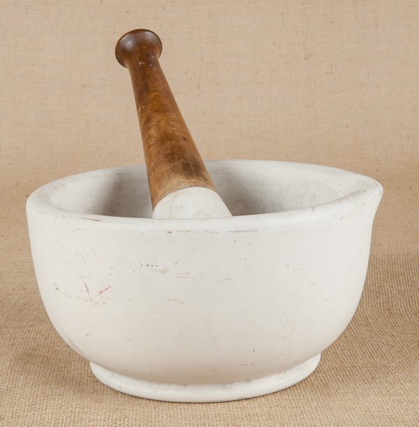 Large marble and wood mortar and pestle, 11'' dia.: Large marble and wood mortar and pestle, 11'' dia.