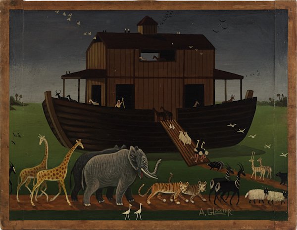 A. Glazier (East Berlin, Pennsylvania), oil on bo: A. Glazier (East Berlin, Pennsylvania), oil on board of Noah's Ark, 20'' x 26'', together with a painted wooden panel of a carousel horse, 23'' x 47''.