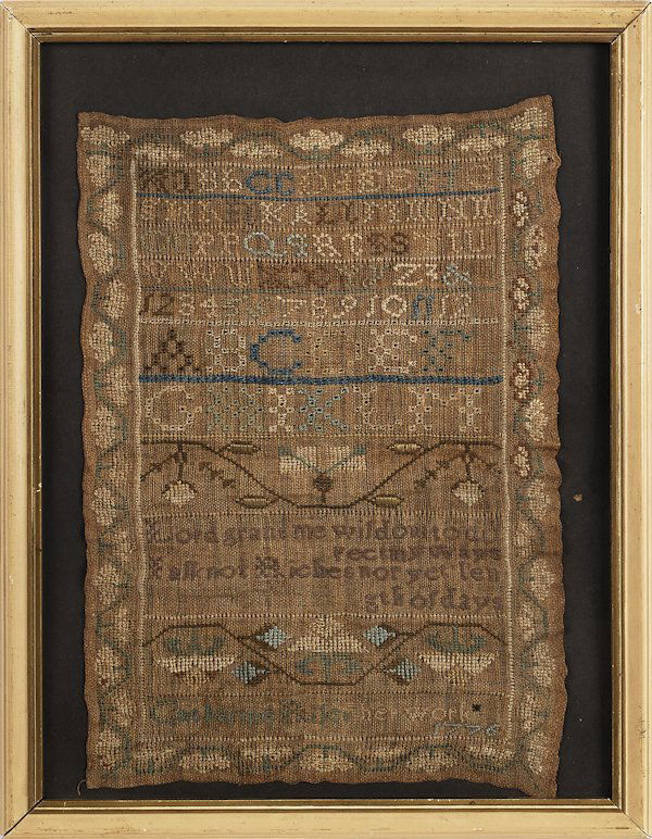Needlework sampler, inscribed Catherine Bilery h: Needlework sampler, inscribed Catherine Bilery her work 1776, 10 1/2'' x 7 1/4''.