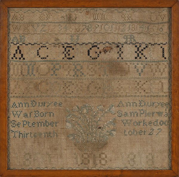 Three needlework samplers, one inscribed Elizabe: Three needlework samplers, one inscribed Elizabeth Long, one Ann Duryee 1818, and one unmarked, largest - 12'' x 12''.