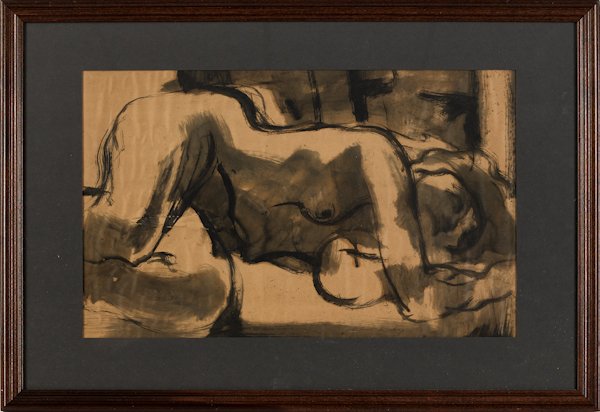 Edward Loper (American, b. 1916), ink and gouache: Edward Loper (American, b. 1916), ink and gouache portrait of a nude, 20 3/4'' x 13'', verso with abstract pastel drawing, both signed.