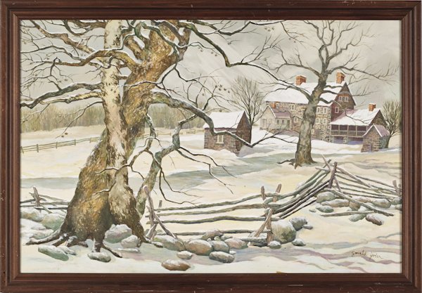 Gerald Yoder (Berks County, Pennsylvania), oil on: Gerald Yoder (Berks County, Pennsylvania), oil on canvas winter landscape, signed lower right, 20'' x 30''.
