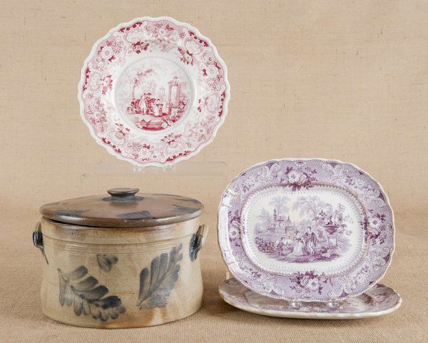 Pennsylvania stoneware lidded crock, 19th c., 7 1: Pennsylvania stoneware lidded crock, 19th c., 7 1/2'' h., together with a Staffordshire soup bowl and two small platters.