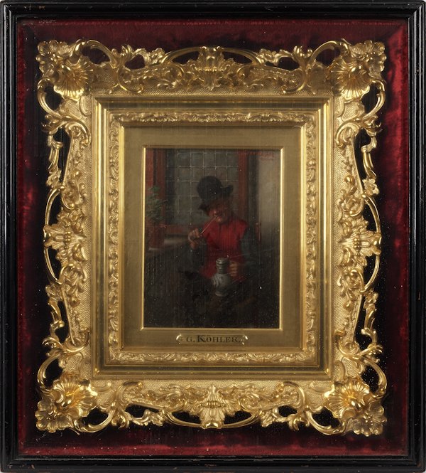 Gustav Kohler (German 1859-1922), oil on panel po: Gustav Kohler (German 1859-1922), oil on panel portrait of a gentleman smoking a pipe, signed upper right, 6 1/4'' x 4 3/4''.