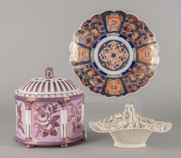 Pink lustre bough pot, 19th c., 10'' h., together: Pink lustre bough pot, 19th c., 10'' h., together with a Belleek basket, 9'' w., and an Imari charger, 12'' dia.