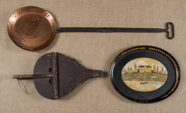 Wood bellows, together with a painted tin tray an: Wood bellows, together with a painted tin tray and an iron and copper warming pan.