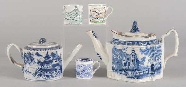 Pearlware teapot with Chinoiserie decoration, 6 1: Pearlware teapot with Chinoiserie decoration, 6 1/2'' h., together with an export teapot and three Staffordshire children's mugs.