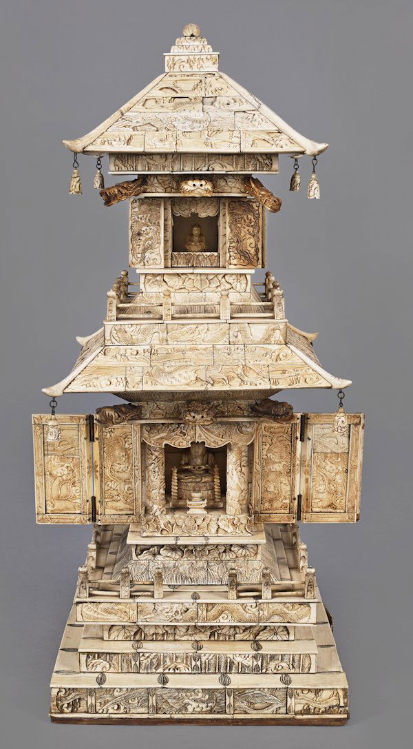 Carved Chinese ivory and bone pagoda shrine, 22 1: Carved Chinese ivory and bone pagoda shrine, 22 1/2'' h.