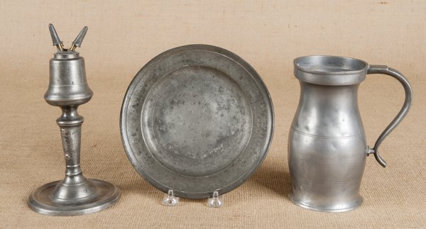 Open baluster pewter measure, attributed to Thoma: Open baluster pewter measure, attributed to Thomas Boardman, dated 1852, 7'' h., together with a Love plate, 7 3/4'' dia., and a whale oil lamp.