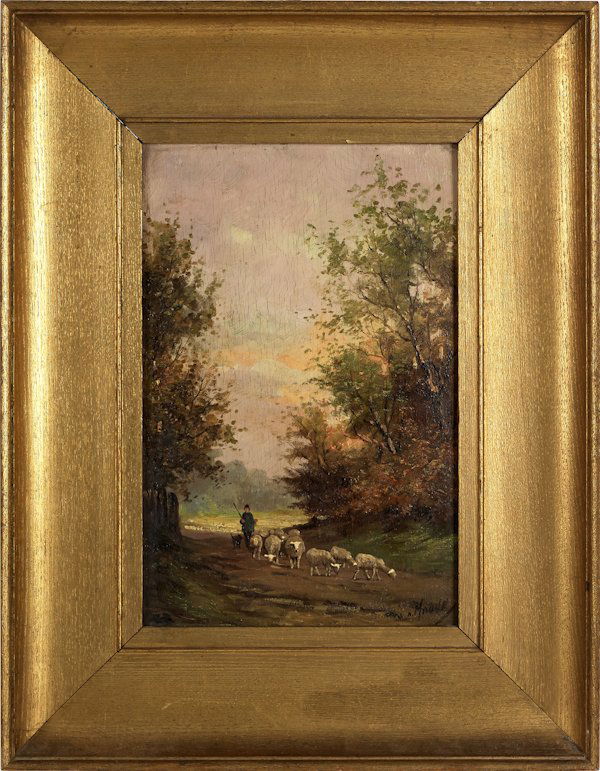 Anton Mauve (Dutch 1876-1962), oil on panel lands: Anton Mauve (Dutch 1876-1962), oil on panel landscape with sheep, signed lower right, 10 3/4'' x 7 1/4''.