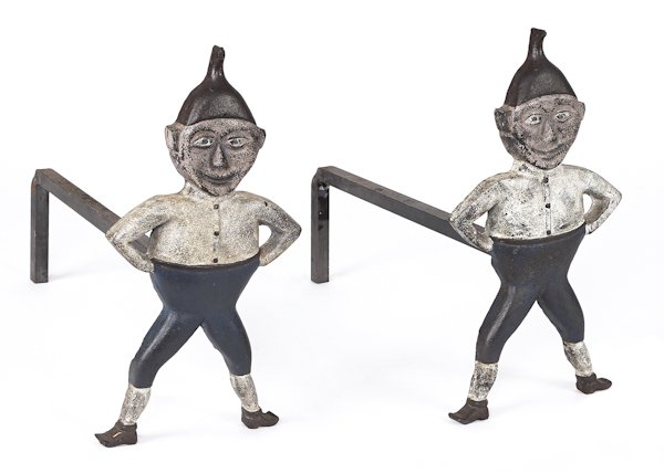 Pair of cast iron brownie andirons, stamped Frei: Pair of cast iron brownie andirons, stamped Freihofer, 15 1/2'' h.