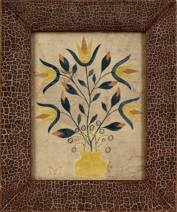 Pennsylvania watercolor fraktur drawing of potted: Pennsylvania watercolor fraktur drawing of potted tulips, 19th c., 9 1/2'' x 7 1/2''.