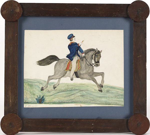 Watercolor drawing of a soldier on horseback, sig: Watercolor drawing of a soldier on horseback, signed E Munz 1885, 8'' x 10 1/2''.