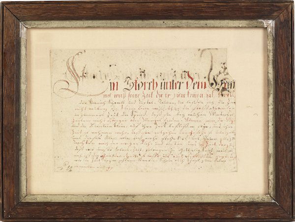 Vorschrift, 19th c., 7 1/4'' x 5'', together with a: Vorschrift, 19th c., 7 1/4'' x 5'', together with a gouache still life of flowers in a vase, signed EM 1885, an award of merit for Anna Maria, and a needlework sampler, dated 1843.