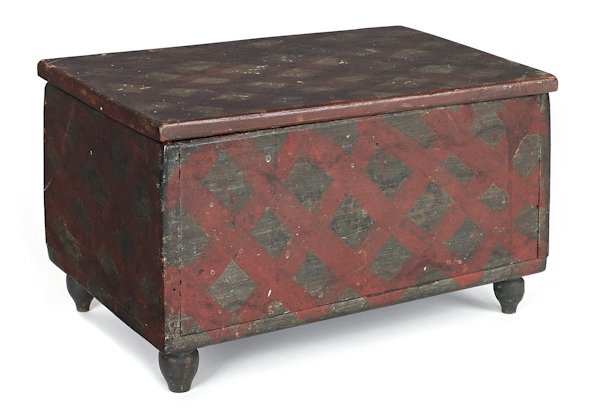 New England painted pine dresser box with red and: New England painted pine dresser box with red and green lattice decoration, 7 1/2'' h., 12'' w.