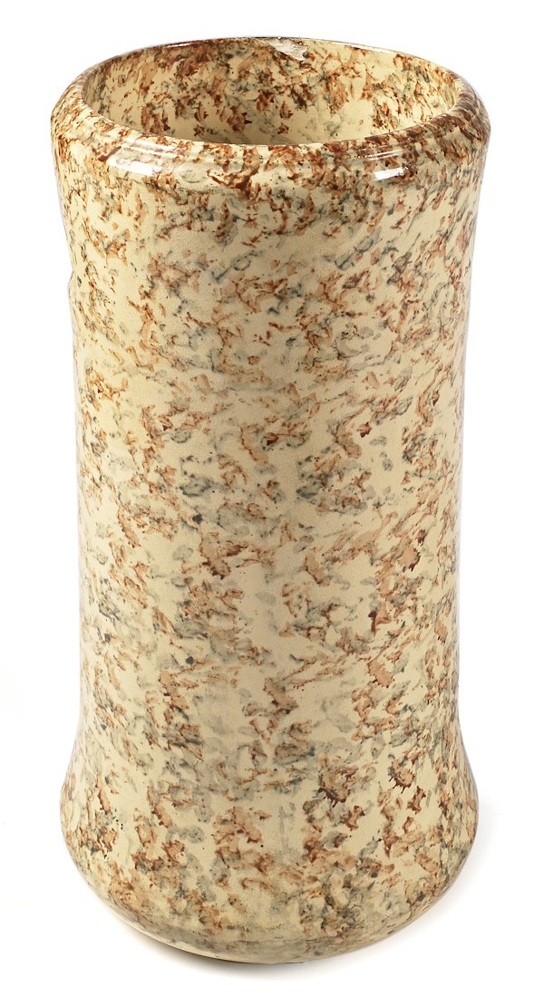 Sponge decorated yelloware umbrella stand, early: Sponge decorated yelloware umbrella stand, early 20th c., 21'' h.