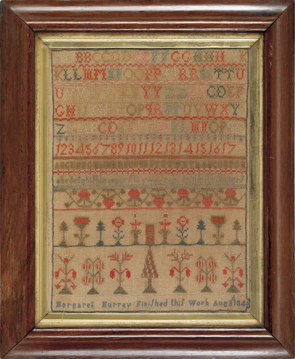English silk on linen sampler, dated 1846, wrou: English silk on linen sampler, dated 1846, wrought by Margaret Murray, 14'' x 11''.