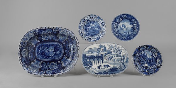Historical blue Staffordshire fruit and flower pl: Historical blue Staffordshire fruit and flower platter, 19th c., together with an English view strainer, 15 3/4'' w., 11 1/4'' d., a Hollywell Cottage plate, 10'' dia., an English cottage scene, 10'' 