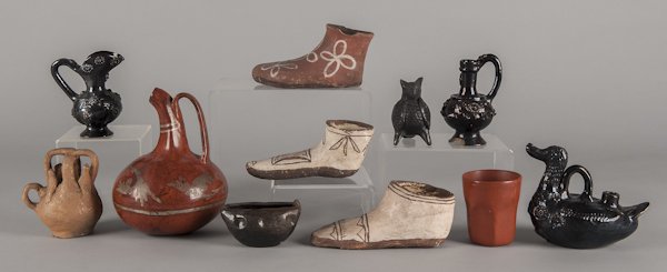 Group of Native American and Mexican pottery, to: Group of Native American and Mexican pottery, to include three foot forms, etc., tallest - 8 1/2''.
