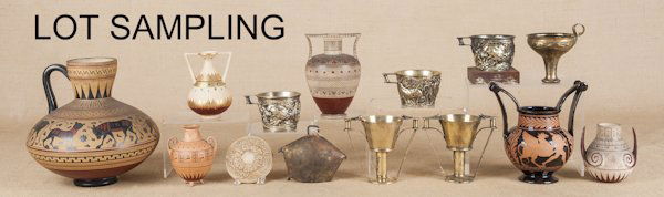 Group of antique style terra cotta boxes, figures: Group of antique style terra cotta boxes, figures, etc., together with Middle Eastern style pottery vessels.