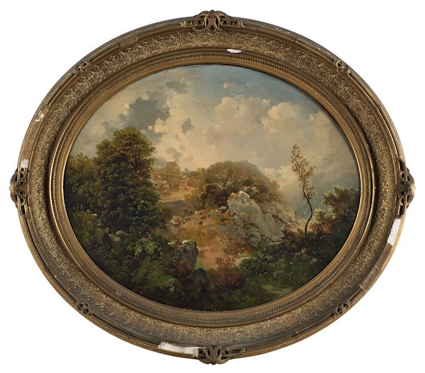 Attributed to Henry Boese (American 1824-1863),: Attributed to Henry Boese (American 1824-1863), Hudson River oil on canvas landscape, mid 19th c., titled verso indistinctly, 25'' x 30''.