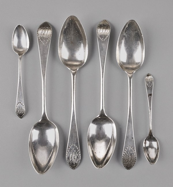 Six Portsmouth, New Hampshire bright cut silver: Six Portsmouth, New Hampshire bright cut silver spoons, bearing the touch of Samuel Drowne II and the engraved monogram of Richard Salter Tibbits (1762-1821), to include four serving spoons and two te