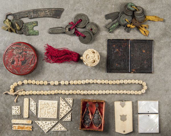 Group of Chinese accessories, to include an ivo: Group of Chinese accessories, to include an ivory puzzle ball, silver filigree earrings, a cinnabar box, a tortoiseshell card case, a bronze medallion, coins, etc.