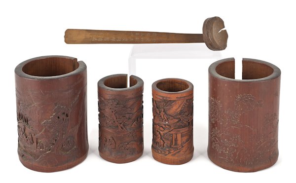 Four Chinese carved bamboo brush pots, ca. 1840: Four Chinese carved bamboo brush pots, ca. 1840, two - 5 1/4'' h., 6 1/4'' h., and 6 1/2'' h., together with a ruyi scepter, 13 1/2'' l.