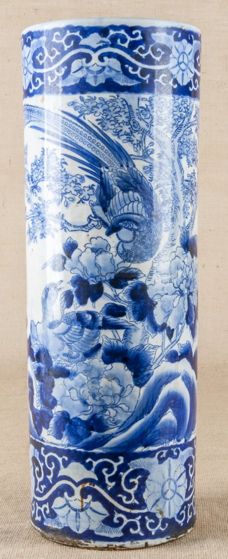 Chinese blue and white porcelain umbrella stand,: Chinese blue and white porcelain umbrella stand, 19th c., 24'' h.