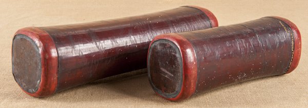 Two Chinese lacquer pillows, ca. 1840, together: Two Chinese lacquer pillows, ca. 1840, together with two rattan pillows, longest - 20''.