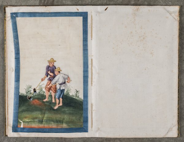 Set of twelve Chinese gouache on pith paper trad: Set of twelve Chinese gouache on pith paper trade scenes, ca. 1840, bound together with a silk cover, 12 3/4'' x 8 1/2''.